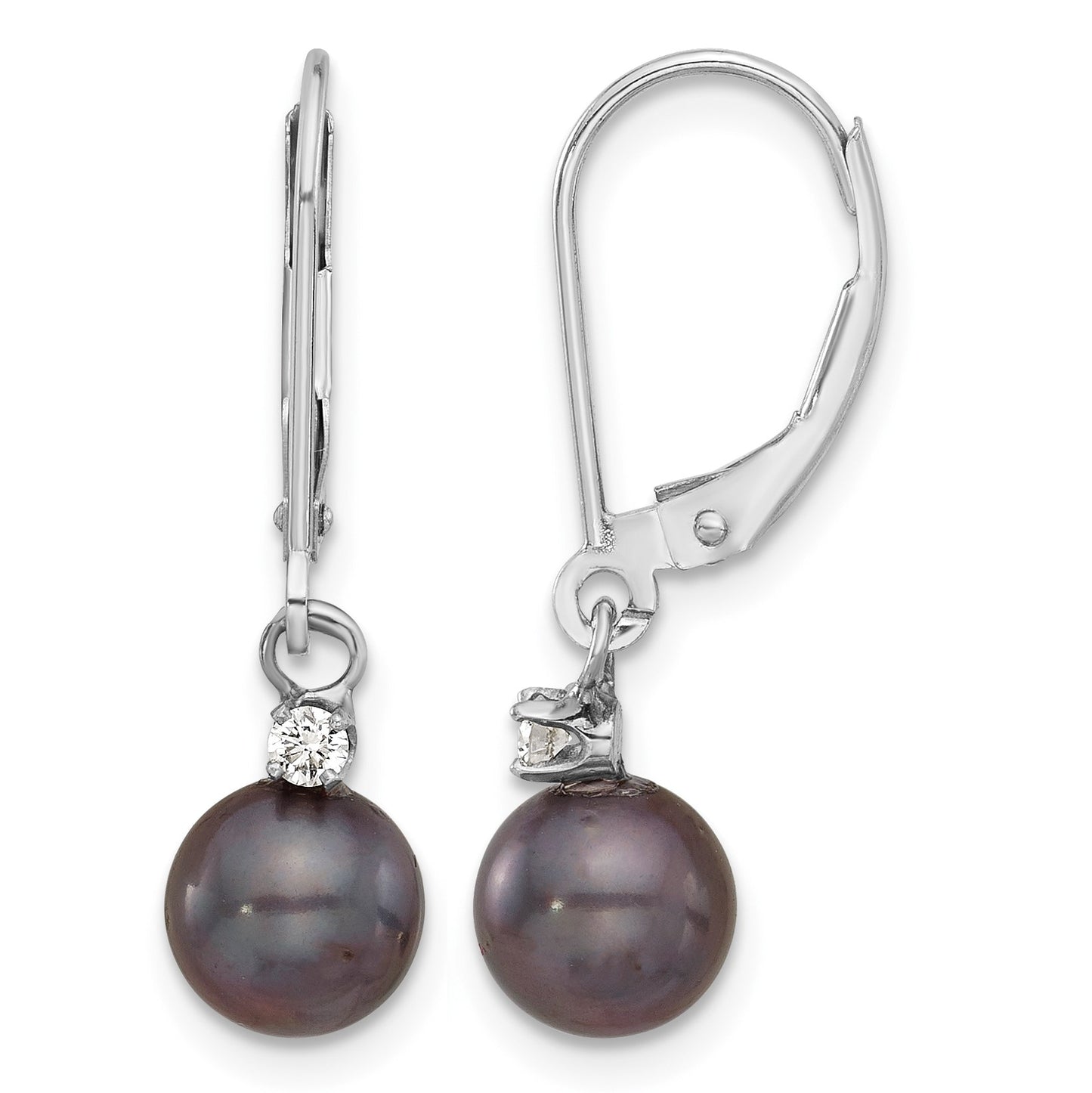 14k White Gold 7-8mm Black Round Freshwater Cultured Pearl and .10 Carat Diamond Dangle Leverback Earrings