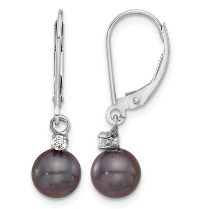 14k White Gold 7-8mm Black Round Freshwater Cultured Pearl and .10 Carat Diamond Dangle Leverback Earrings