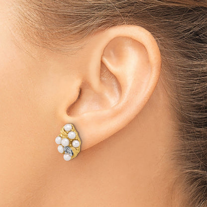 14k 3-4mm White Button Freshwater Cultured Pearl and .02 Carat Diamond Post Earrings