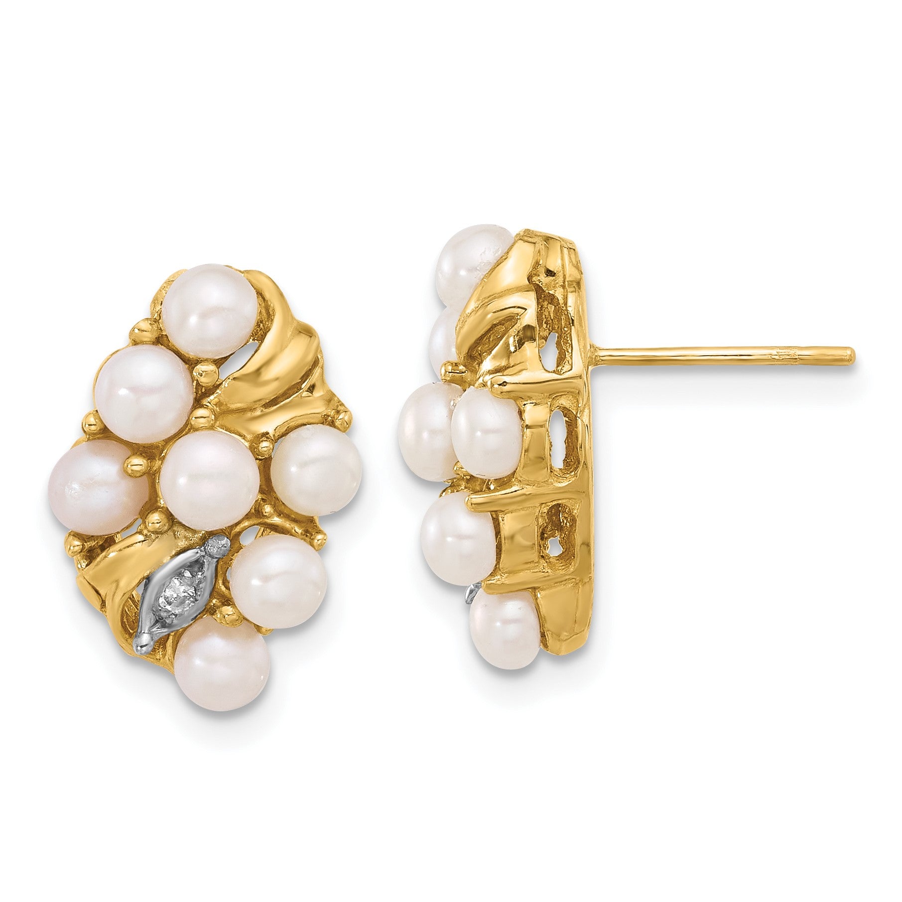 14k 3-4mm White Button Freshwater Cultured Pearl and .02 Carat Diamond Post Earrings