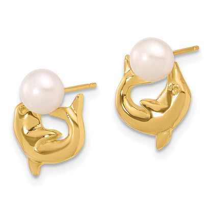 14k 5-6mm White Button Freshwater Cultured Pearl Dolphin Post Earrings