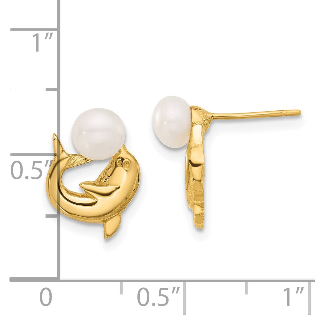 14k 5-6mm White Button Freshwater Cultured Pearl Dolphin Post Earrings