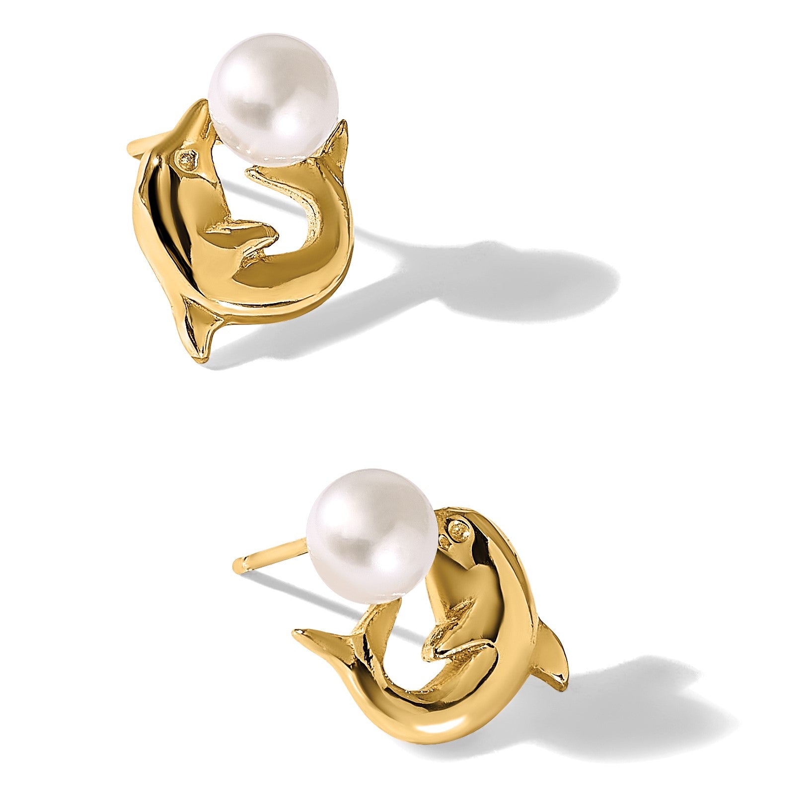 14k 5-6mm White Button Freshwater Cultured Pearl Dolphin Post Earrings