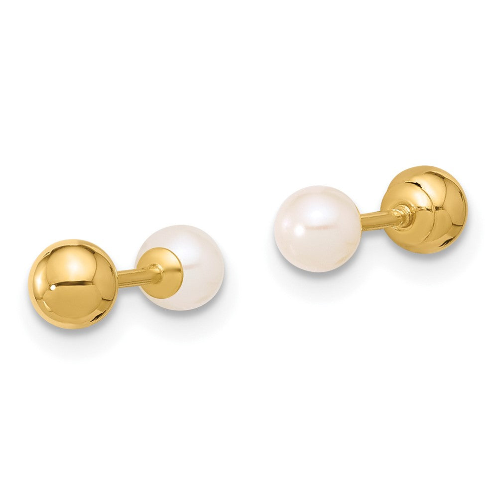 14k 3-4mm Round Freshwater Cultured Pearl Front and Back Ball Post Screwback Earrings