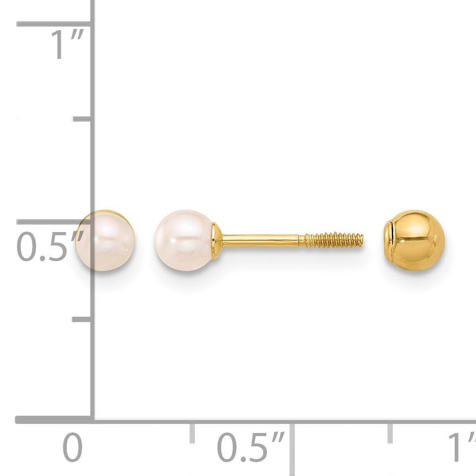 14k 3-4mm Round Freshwater Cultured Pearl Front and Back Ball Post Screwback Earrings