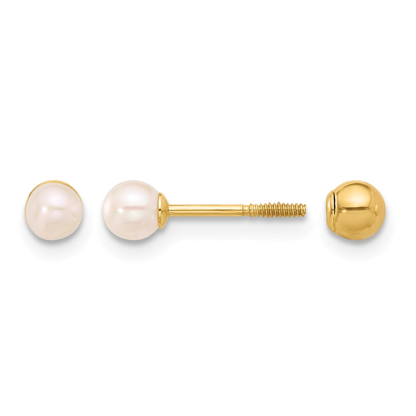 14k 3-4mm Round Freshwater Cultured Pearl Front and Back Ball Post Screwback Earrings