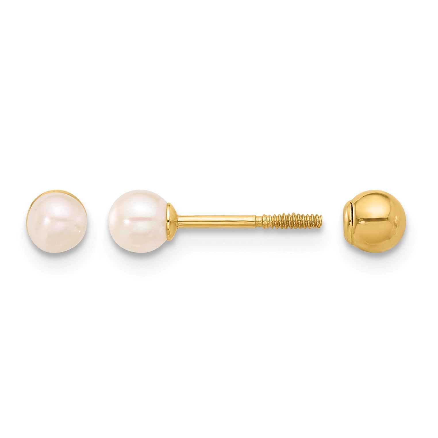 14k 3-4mm Round Freshwater Cultured Pearl Front and Back Ball Post Screwback Earrings