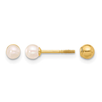 14k 3-4mm Round Freshwater Cultured Pearl Front and Back Ball Post Screwback Earrings
