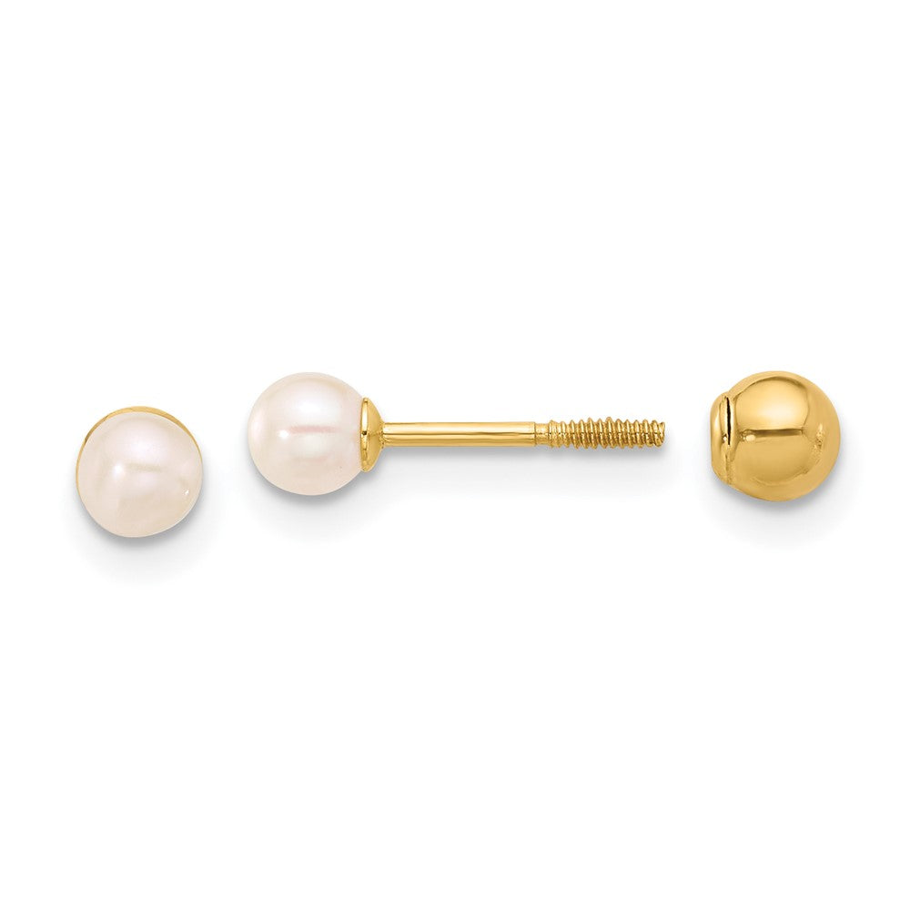 14k 3-4mm Round Freshwater Cultured Pearl Front and Back Ball Post Screwback Earrings