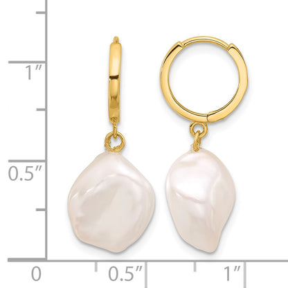 14K 11-12mm White Keshi Freshwater Cultured Pearl Dangle Hinged Hoop Earrings