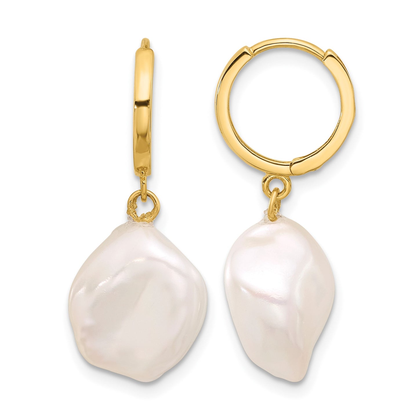 14K 11-12mm White Keshi Freshwater Cultured Pearl Dangle Hinged Hoop Earrings