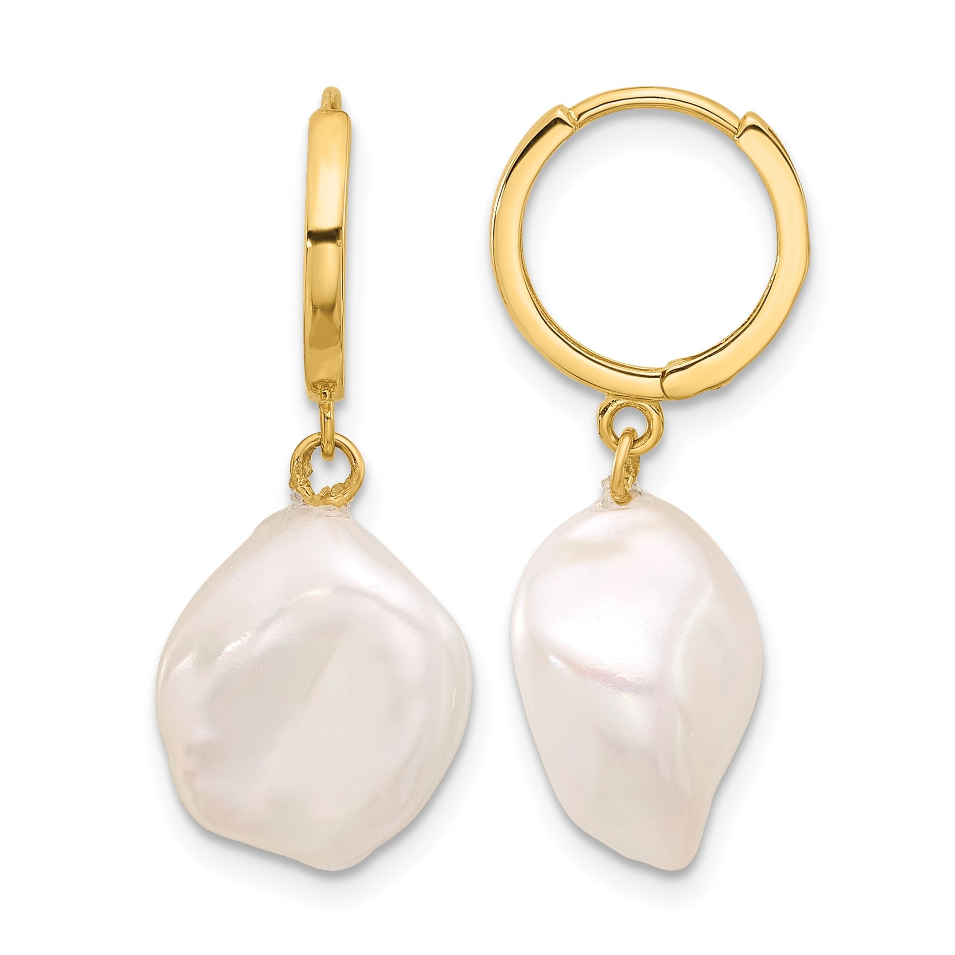 14K 11-12mm White Keshi Freshwater Cultured Pearl Dangle Hinged Hoop Earrings