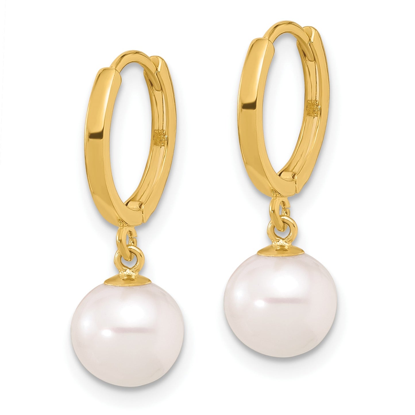 14k 7-8mm White Round Freshwater Cultured Pearl Dangle Hinged Hoop Earrings