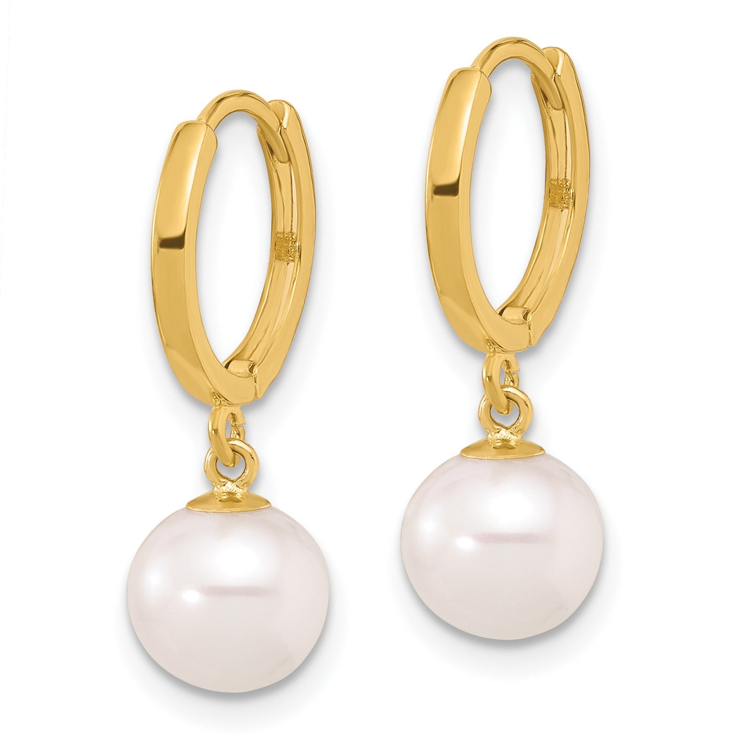 14k 7-8mm White Round Freshwater Cultured Pearl Dangle Hinged Hoop Earrings