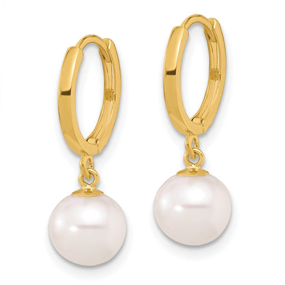14k 7-8mm White Round Freshwater Cultured Pearl Dangle Hinged Hoop Earrings