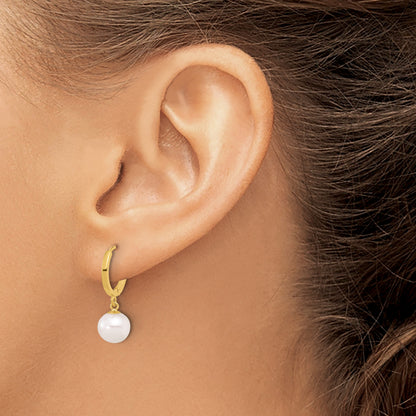 14k 7-8mm White Round Freshwater Cultured Pearl Dangle Hinged Hoop Earrings