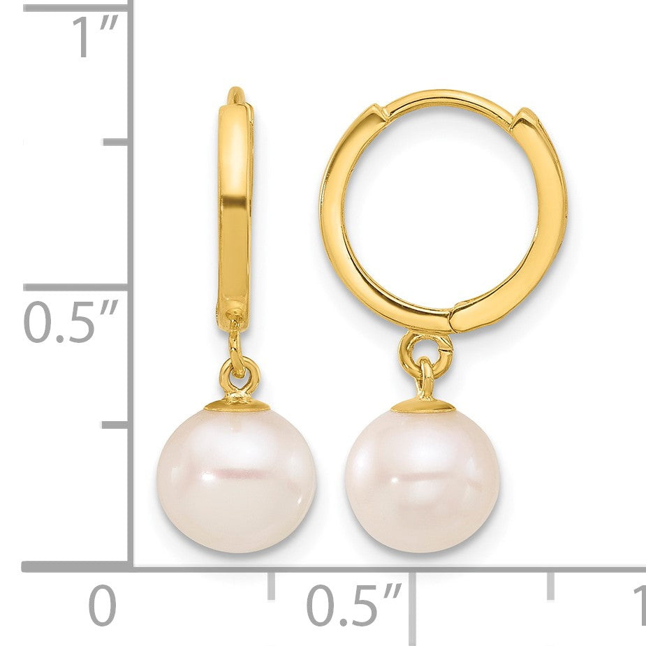 14k 7-8mm White Round Freshwater Cultured Pearl Dangle Hinged Hoop Earrings