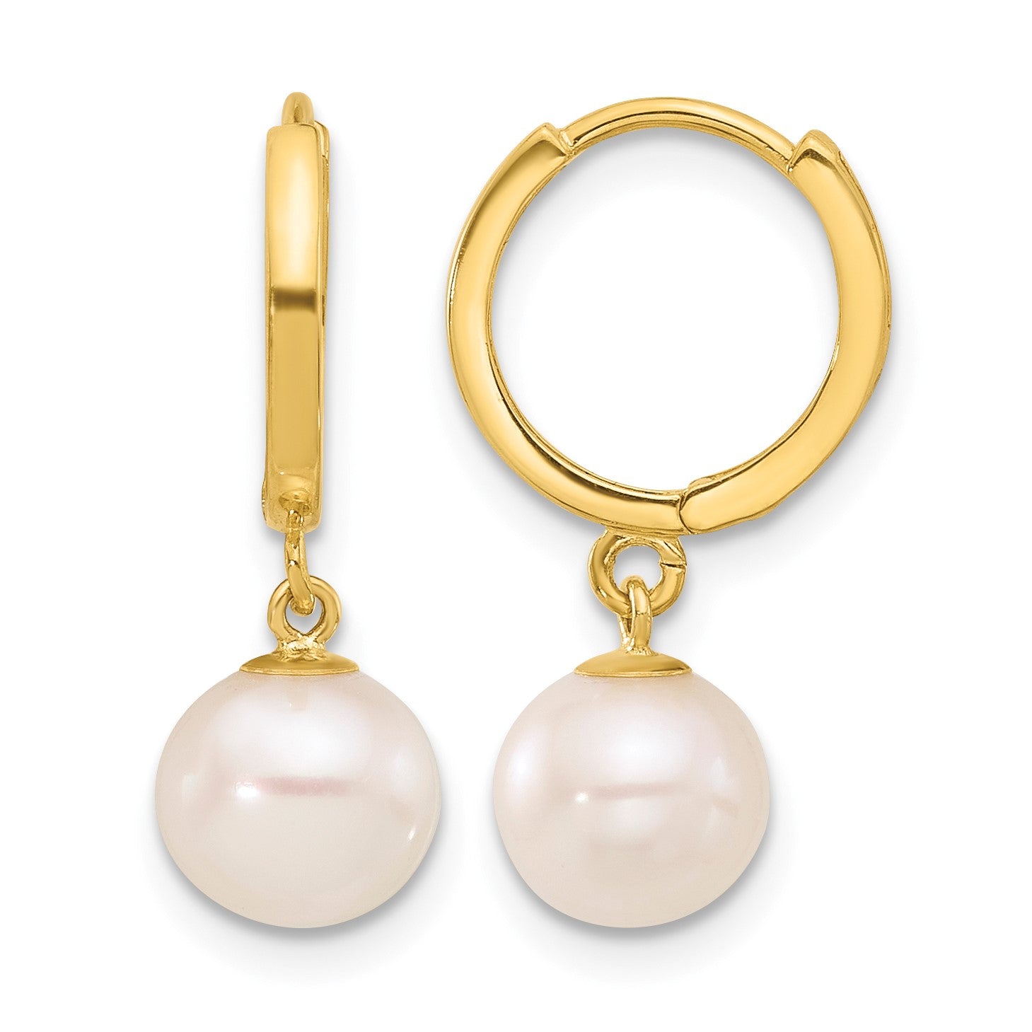 14k 7-8mm White Round Freshwater Cultured Pearl Dangle Hinged Hoop Earrings