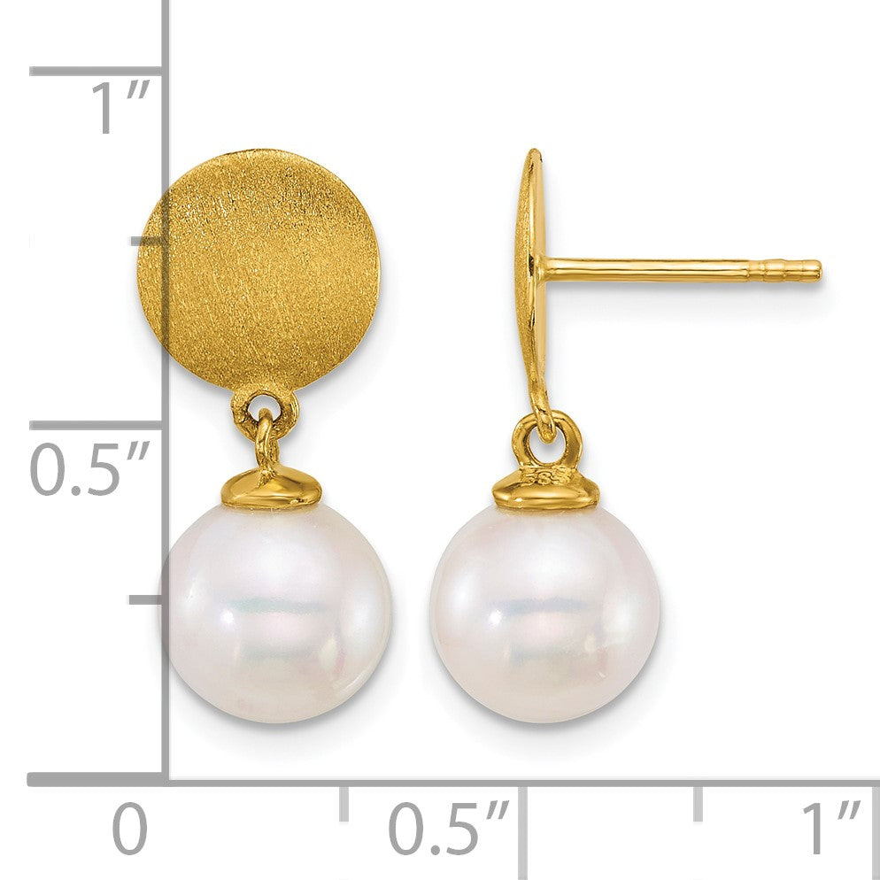 14k Satin 8-9mm Round White South Sea Saltwater Cultured Pearl Dangle Post Earrings