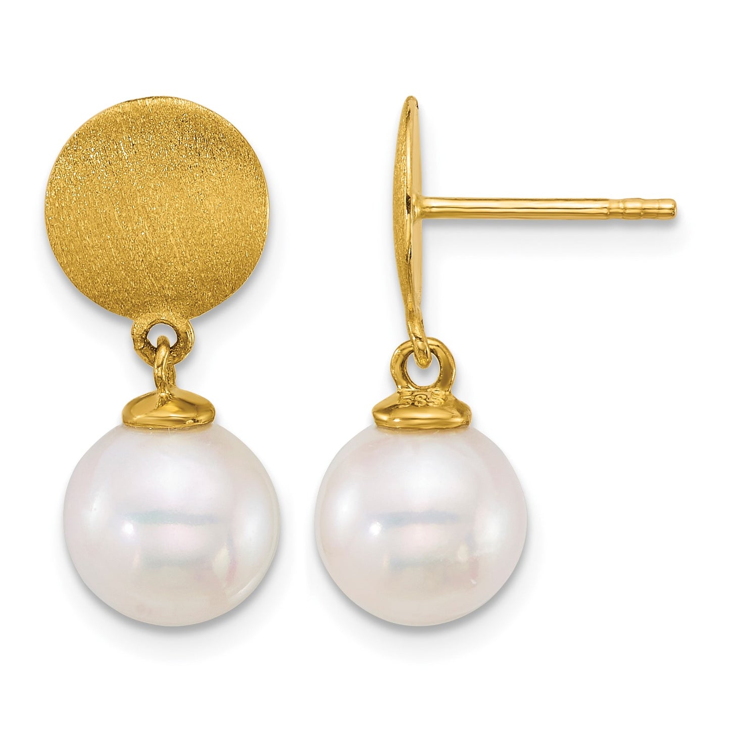 14k Satin 8-9mm Round White South Sea Saltwater Cultured Pearl Dangle Post Earrings