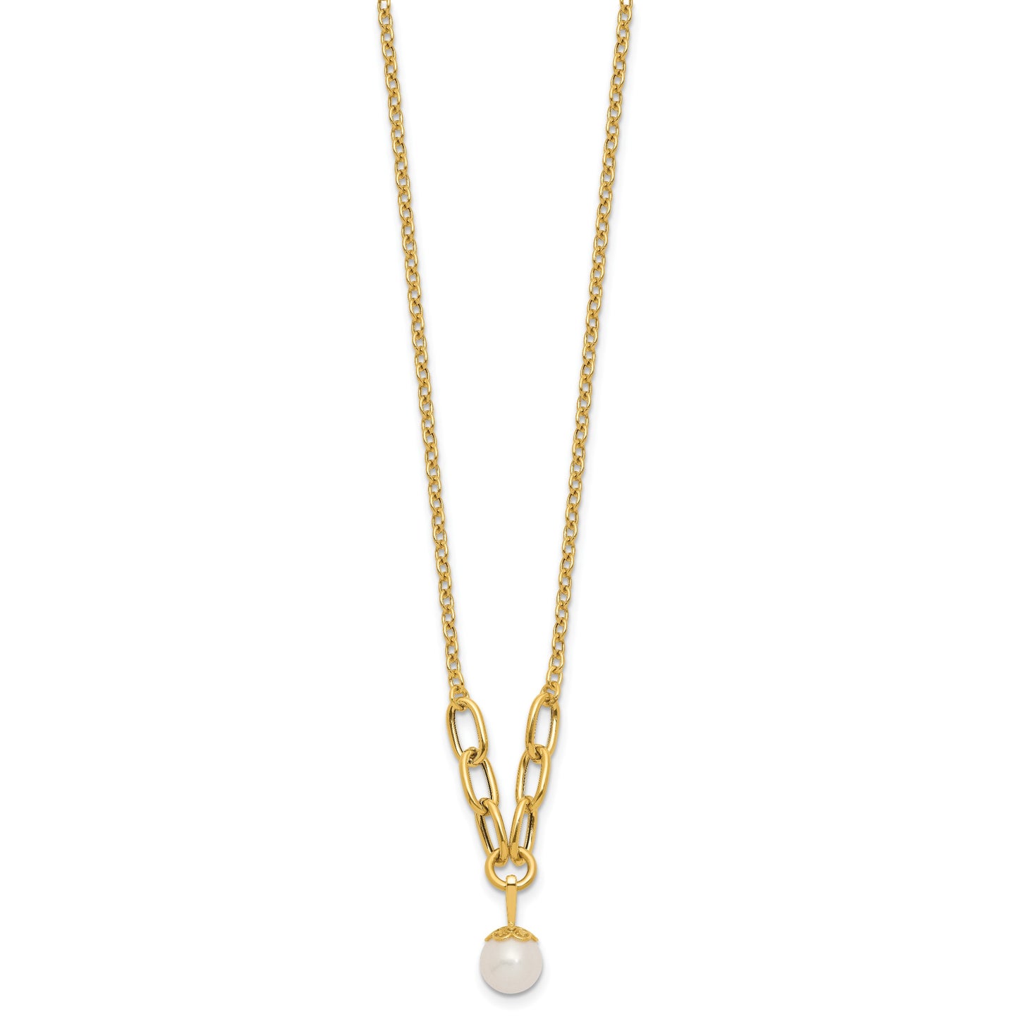 14k Polished 8-9mm Near Round Freshwater Cultured Pearl Dangle 16.75 inch Necklace