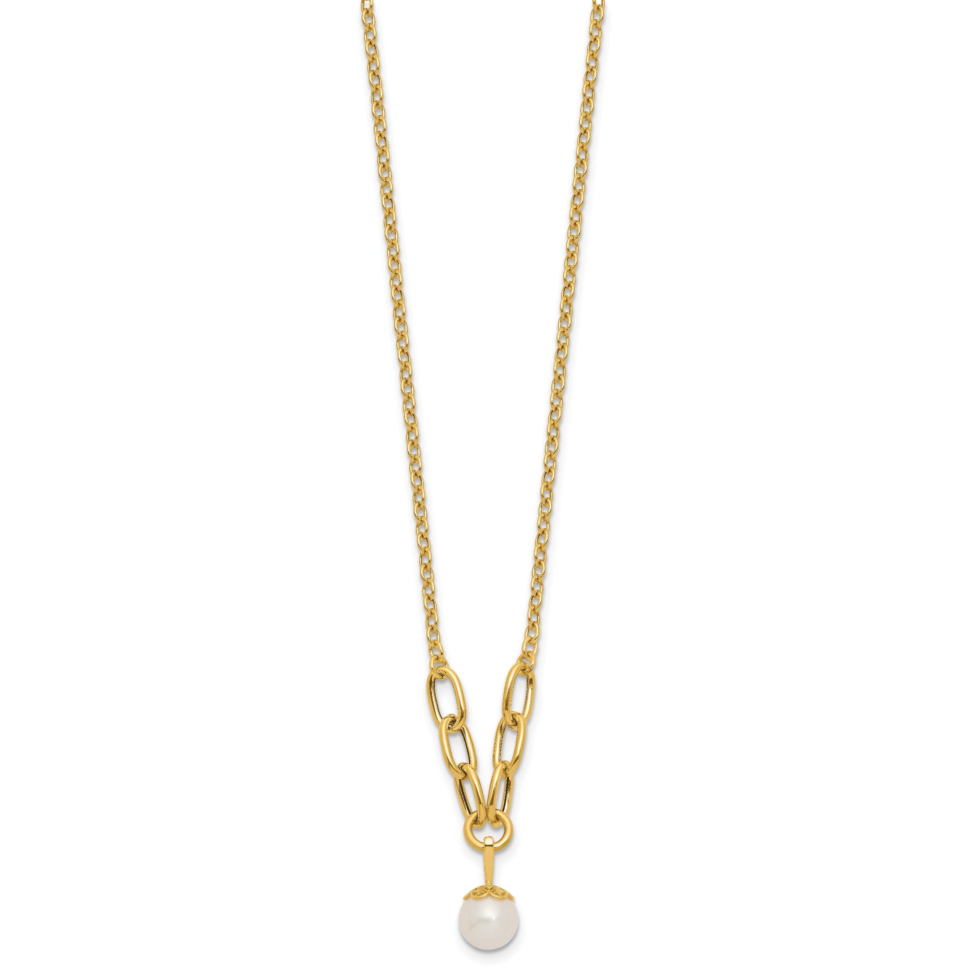 14k Polished 8-9mm Near Round Freshwater Cultured Pearl Dangle 16.75 inch Necklace