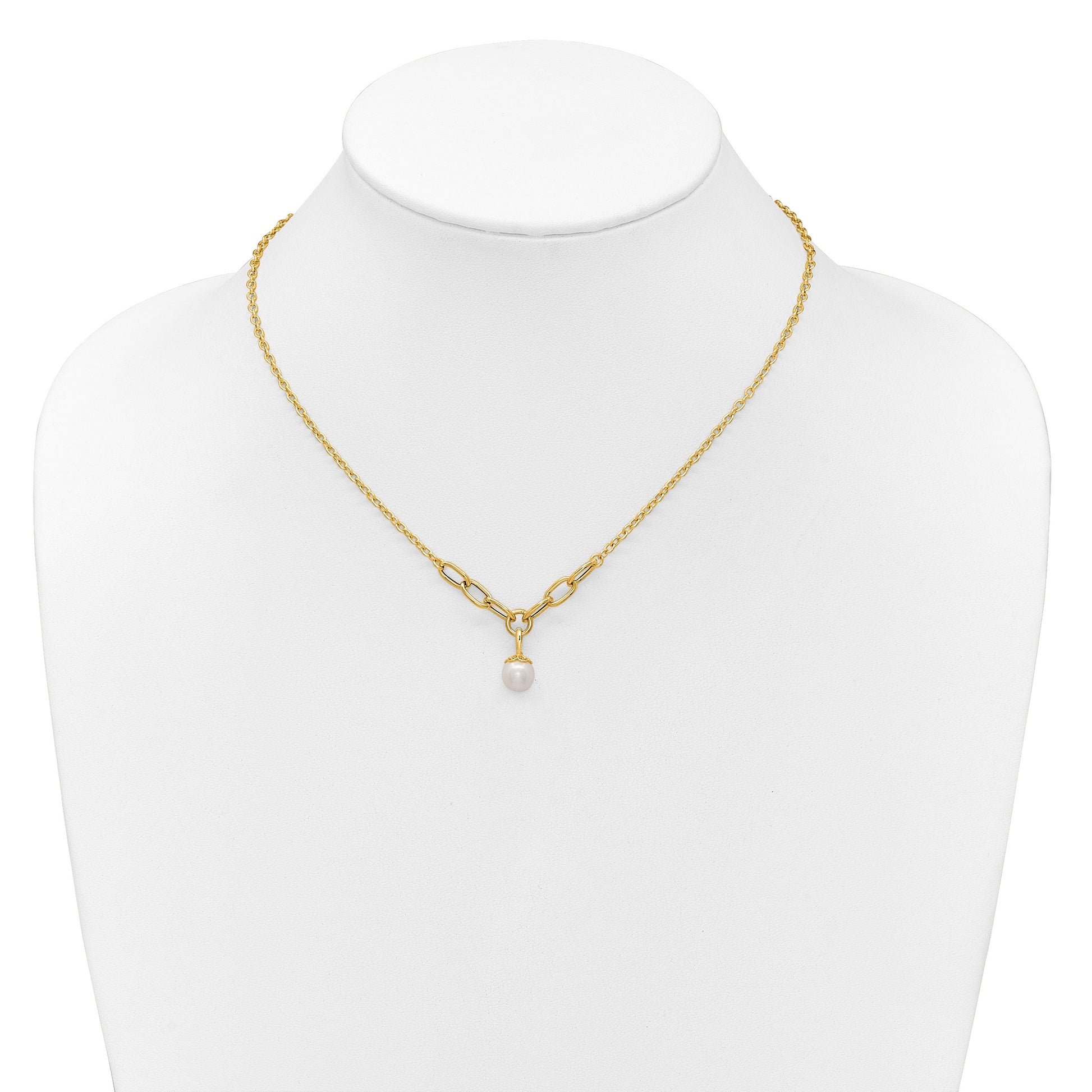 14k Polished 8-9mm Near Round Freshwater Cultured Pearl Dangle 16.75 inch Necklace