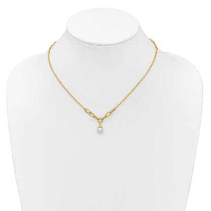 14k Polished 8-9mm Near Round Freshwater Cultured Pearl Dangle 16.75 inch Necklace
