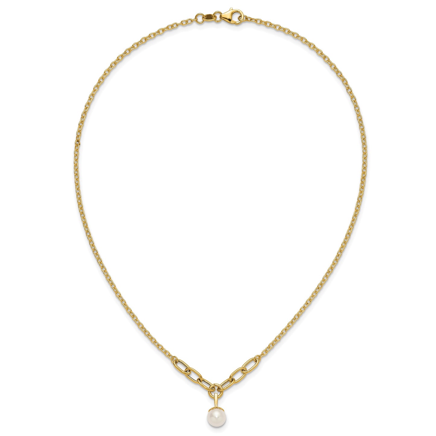 14k Polished 8-9mm Near Round Freshwater Cultured Pearl Dangle 16.75 inch Necklace