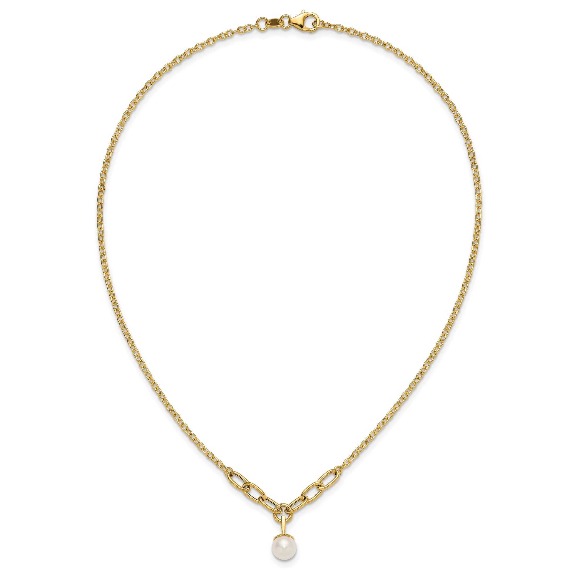 14k Polished 8-9mm Near Round Freshwater Cultured Pearl Dangle 16.75 inch Necklace