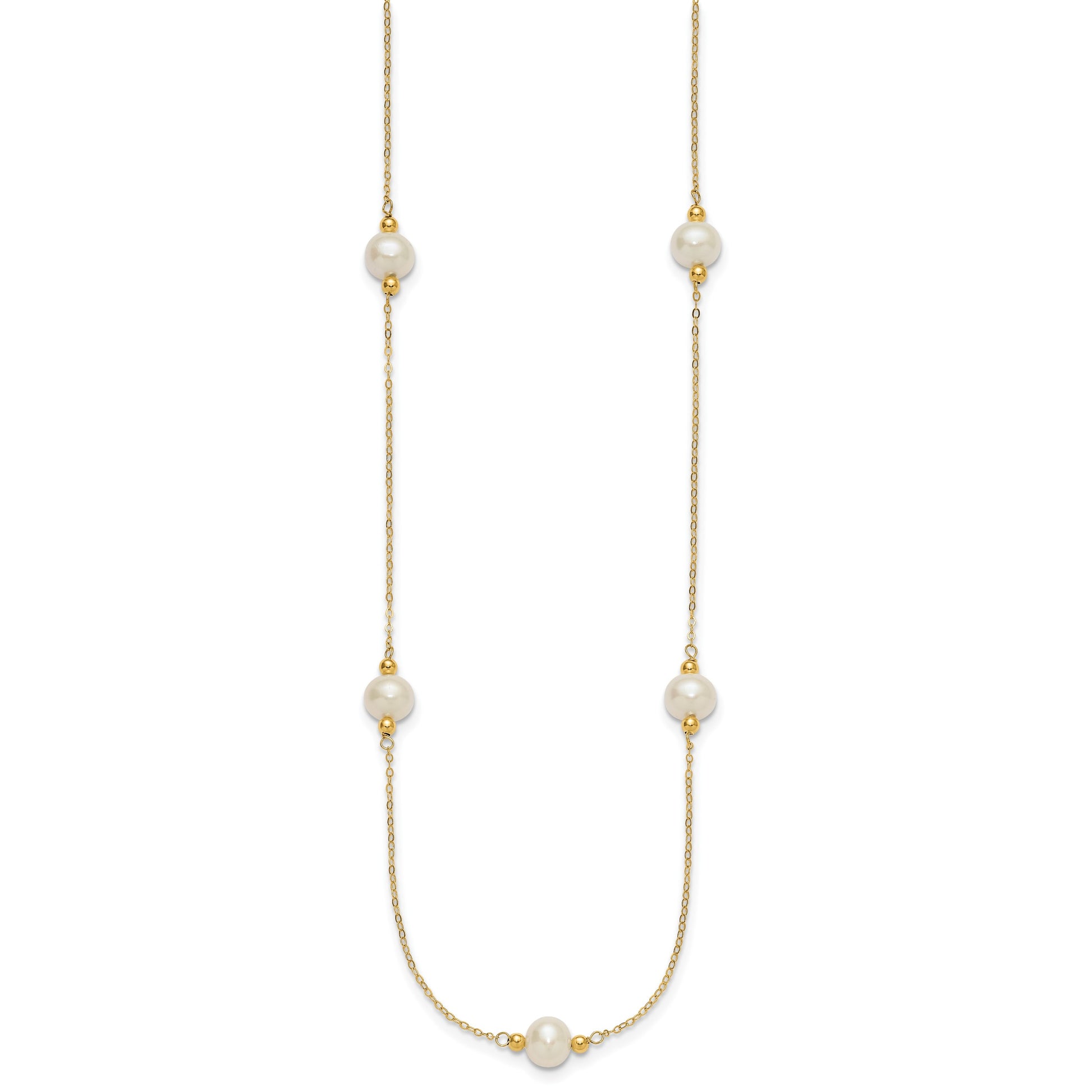 14k Polished 8-9mm Near-Round White Freshwater Cultured Pearl 5-Station 18 inch Necklace