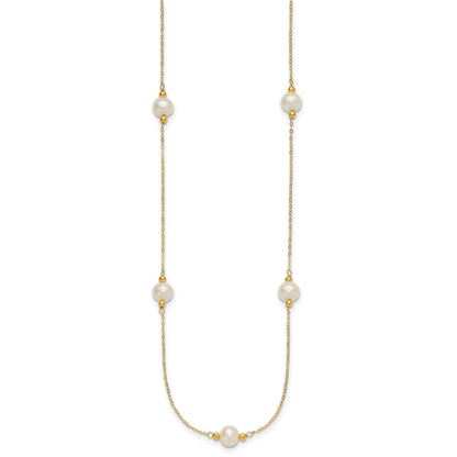 14k Polished 8-9mm Near-Round White Freshwater Cultured Pearl 5-Station 18 inch Necklace