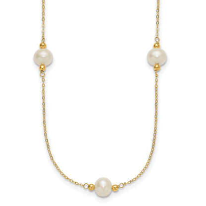 14k Polished 8-9mm Near-Round White Freshwater Cultured Pearl 5-Station 18 inch Necklace