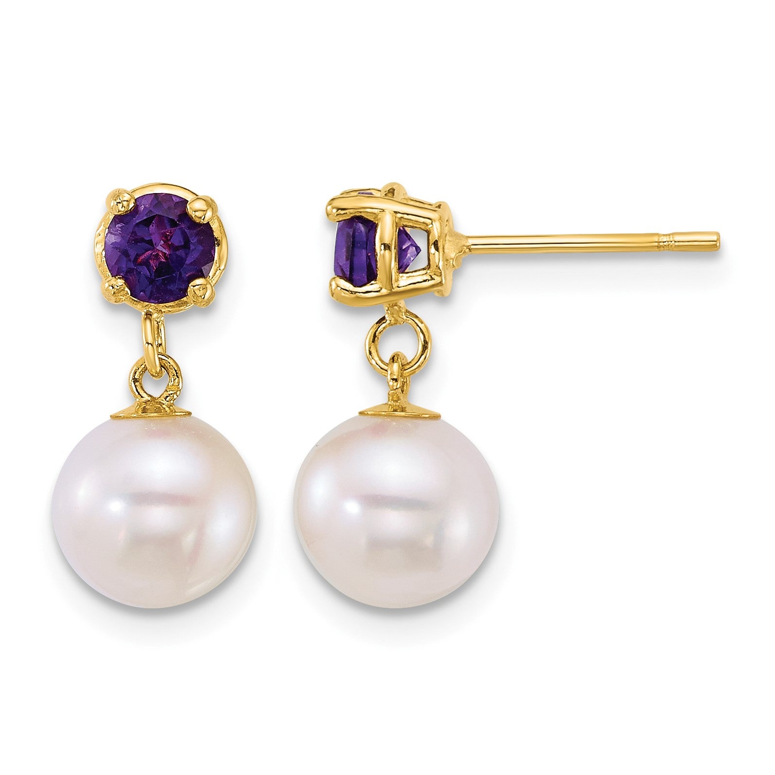 14k Polished 7-8mm Round White Freshwater Cultured Pearl and Garnet Dangle Post Earrings