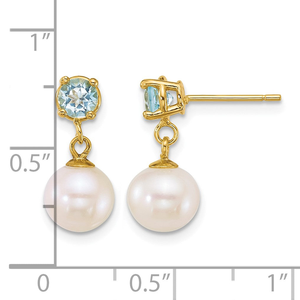 14k Polished 7-8mm Round White Freshwater Cultured Pearl and Blue Topaz Dangle Post Earrings