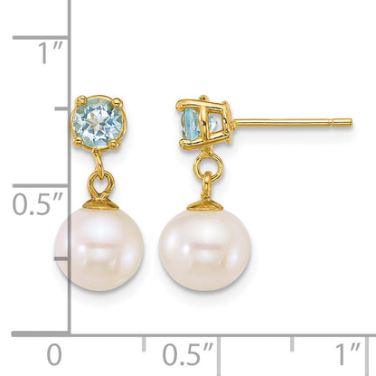14k Polished 7-8mm Round White Freshwater Cultured Pearl and Blue Topaz Dangle Post Earrings