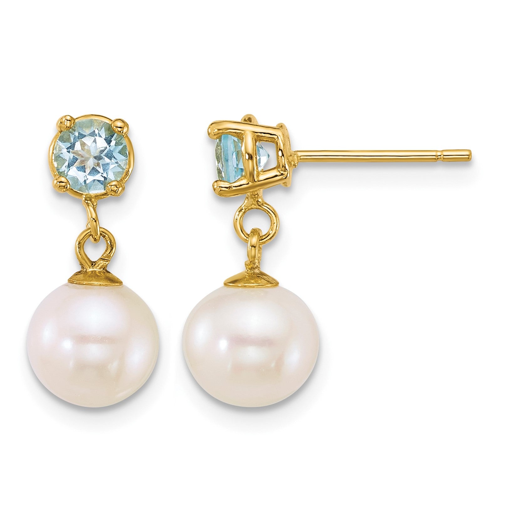 14k Polished 7-8mm Round White Freshwater Cultured Pearl and Blue Topaz Dangle Post Earrings