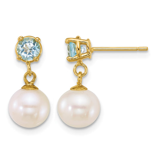 14k Polished 7-8mm Round White Freshwater Cultured Pearl and Blue Topaz Dangle Post Earrings