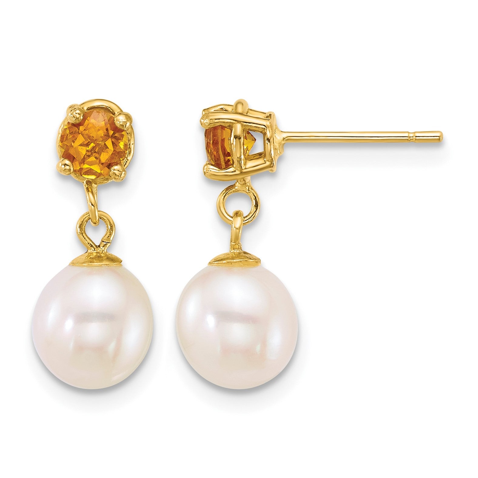 14k Polished 7-8mm Round White Freshwater Cultured Pearl and Citrine Dangle Post Earrings