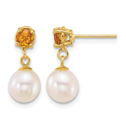 14k Polished 7-8mm Round White Freshwater Cultured Pearl and Citrine Dangle Post Earrings