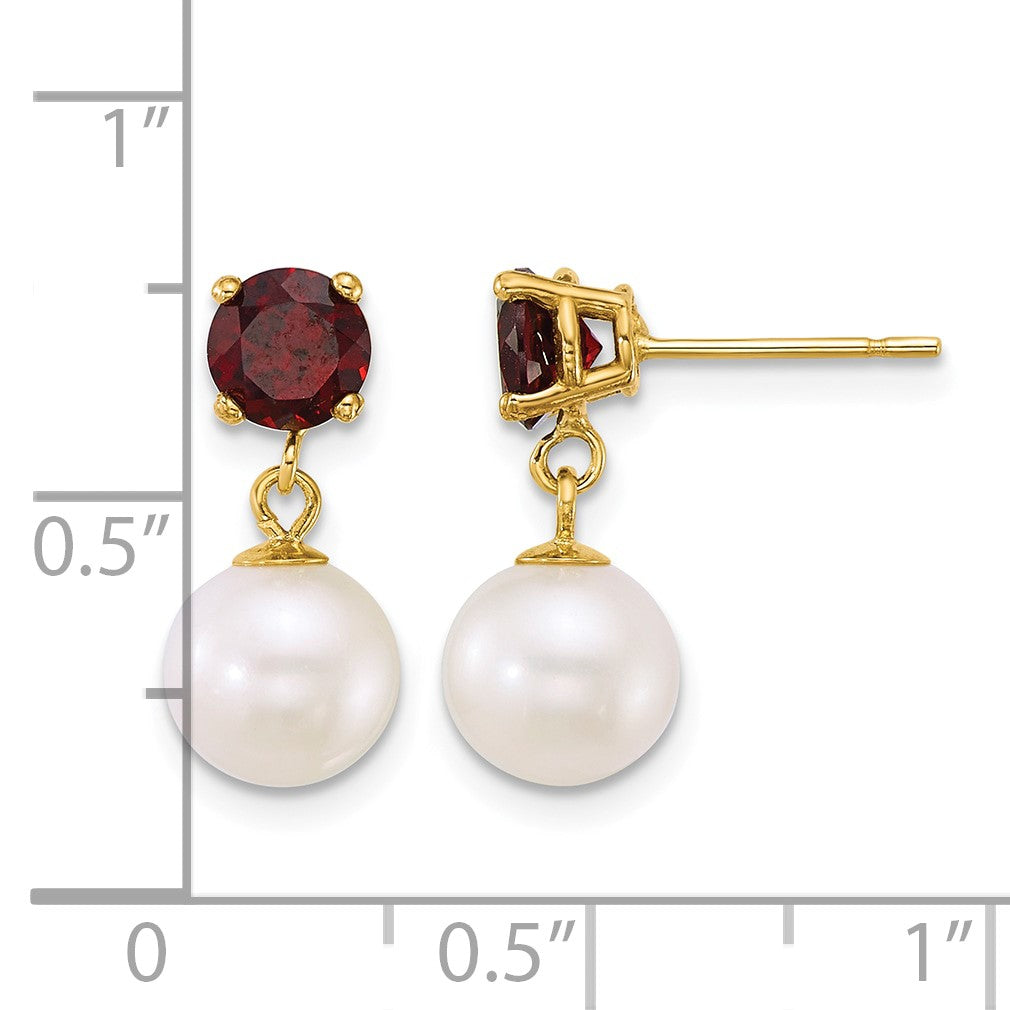 14k Polished 7-8mm Round White Freshwater Cultured Pearl and Garnet Dangle Post Earrings