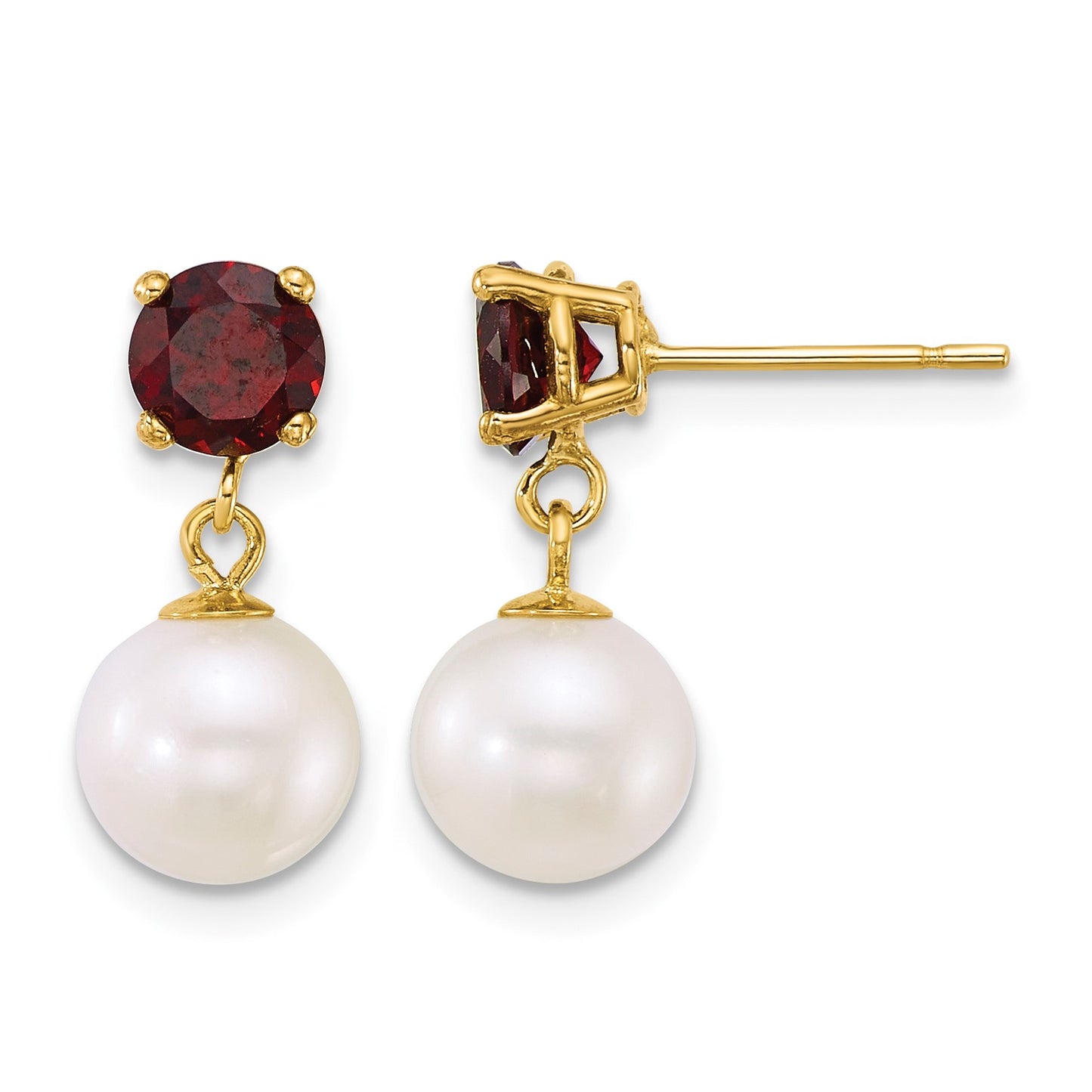 14k Polished 7-8mm Round White Freshwater Cultured Pearl and Garnet Dangle Post Earrings