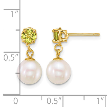 14k Polished 7-8mm Round White Freshwater Cultured Pearl and Peridot Dangle Post Earrings