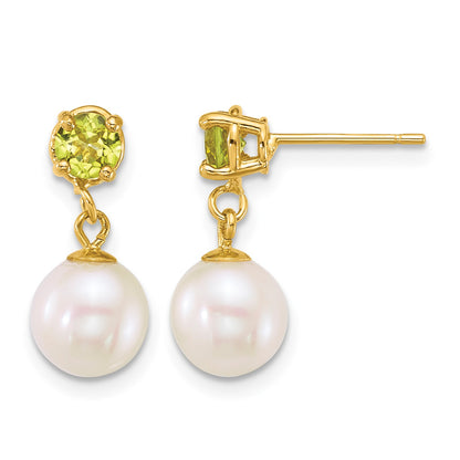14k Polished 7-8mm Round White Freshwater Cultured Pearl and Peridot Dangle Post Earrings