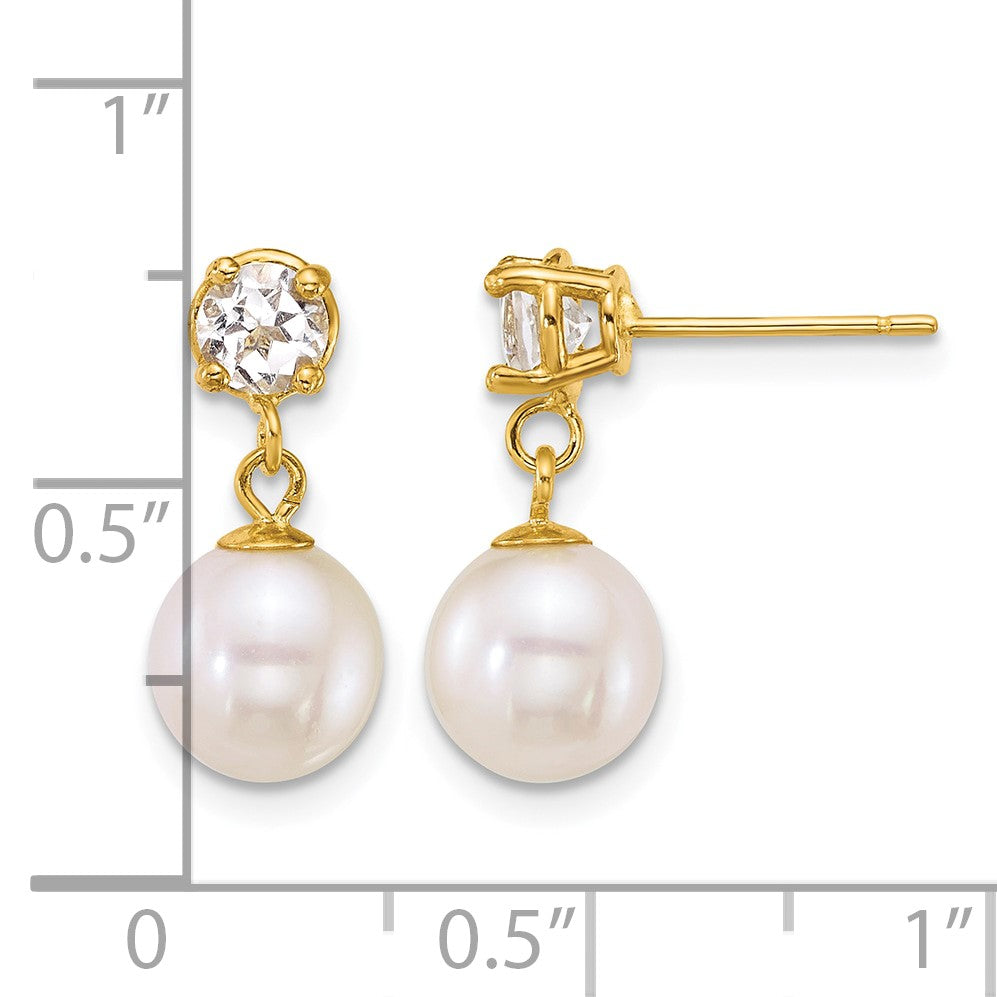 14k Polished 7-8mm Round White Freshwater Cultured Pearl and White Topaz Dangle Post Earrings