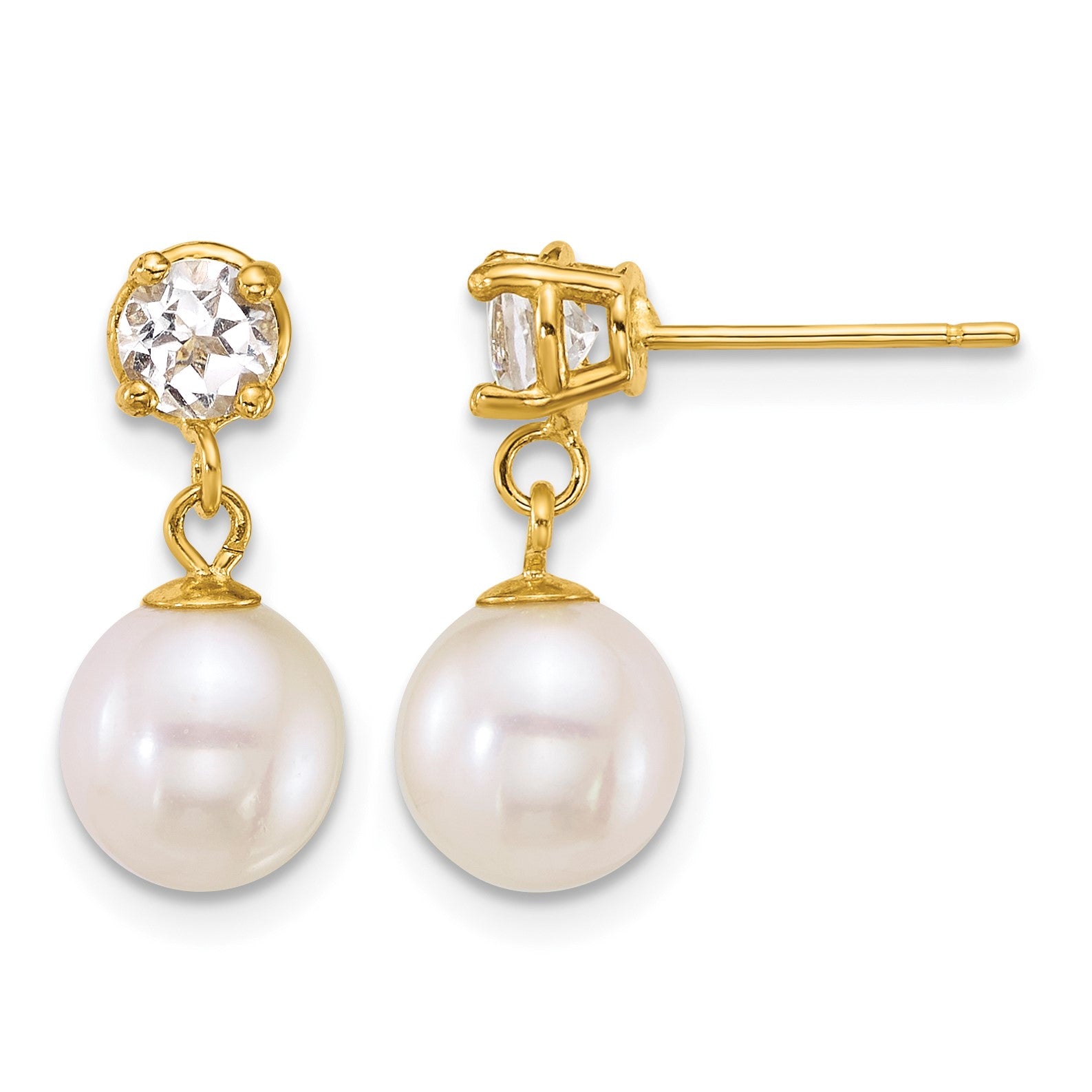 14k Polished 7-8mm Round White Freshwater Cultured Pearl and White Topaz Dangle Post Earrings