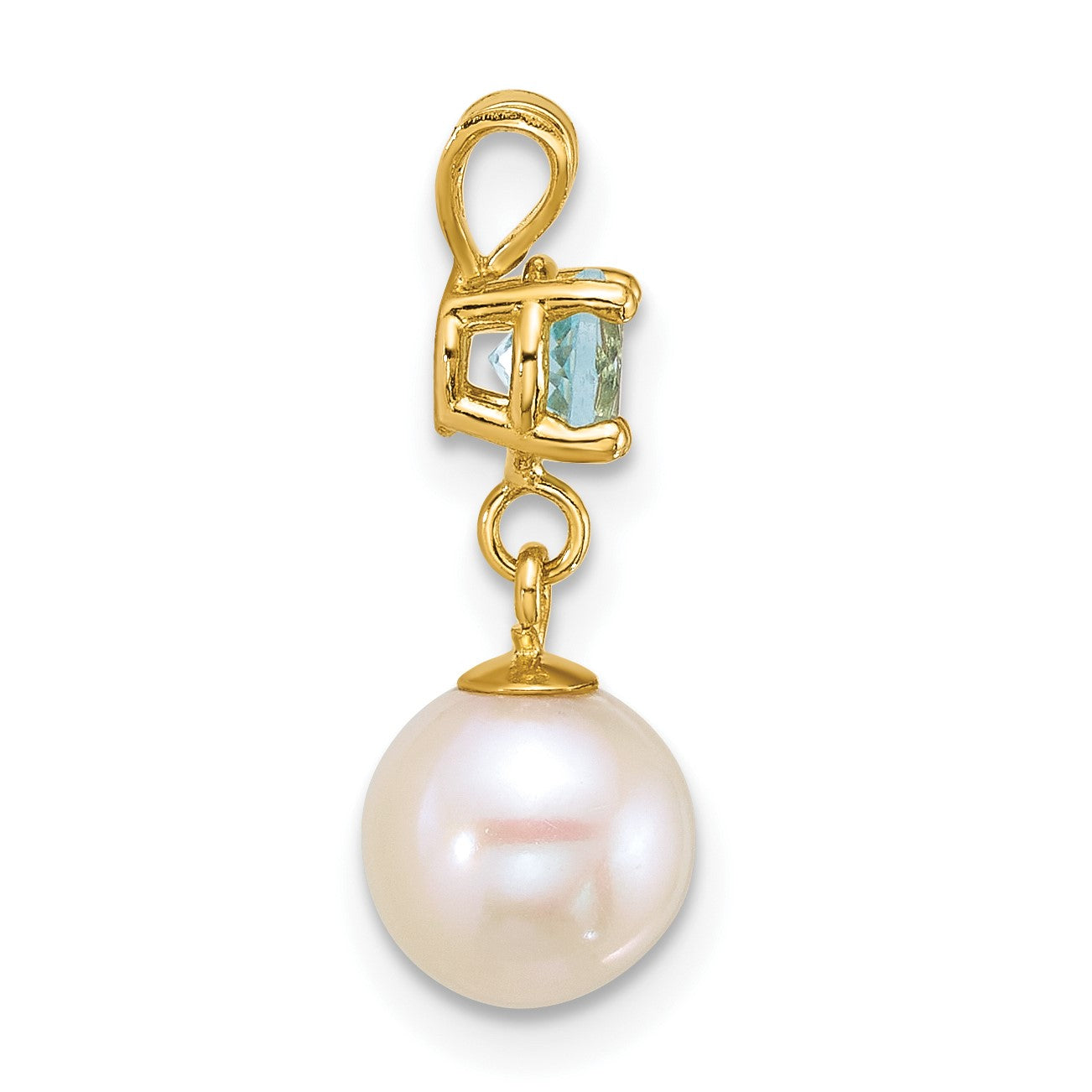 14k Polished 7-8mm Round White Freshwater Cultured Pearl Dangle and Blue Topaz Pendant