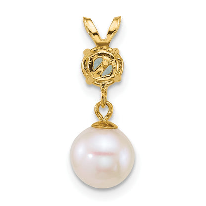 14k Polished 7-8mm Round White Freshwater Cultured Pearl Dangle and Blue Topaz Pendant