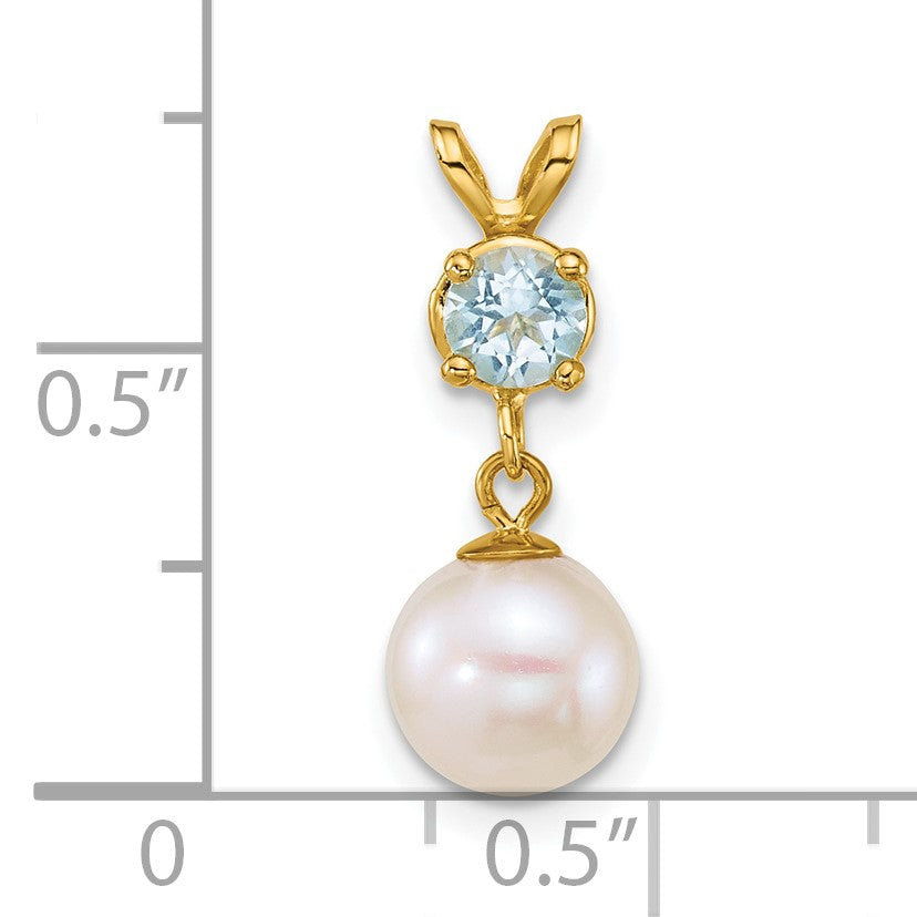 14k Polished 7-8mm Round White Freshwater Cultured Pearl Dangle and Blue Topaz Pendant