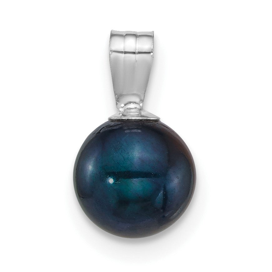 14k White Gold Polished 7-8mm Round Black Freshwater Cultured Pearl Pendant